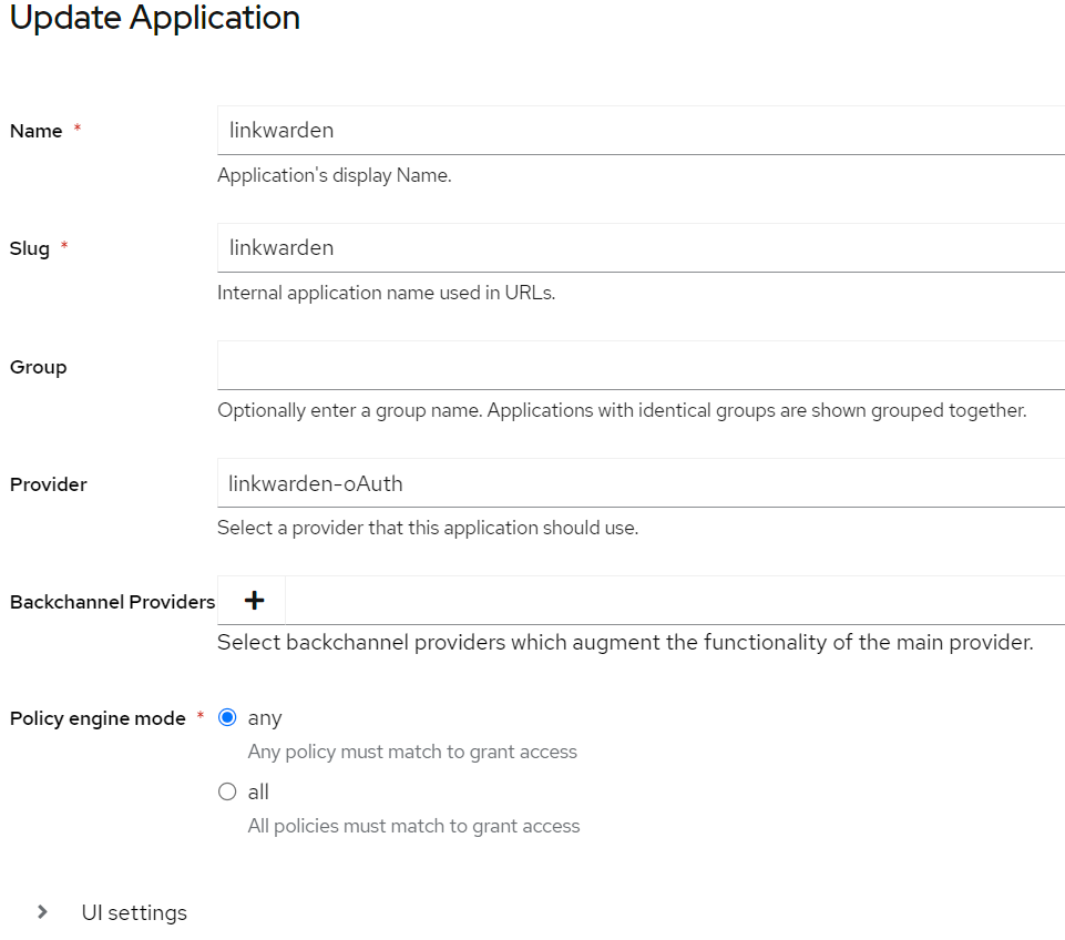 Authentik Application Settings